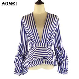 Puff Sleeve Blue White Stripe Blouse Shirts Ruffles Trim Women Sexy V Neck Sping Fashion Tops Clothing Blusas Plus Size 4XL 210416