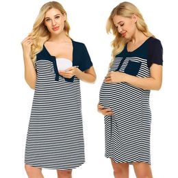 Women Maternity Dresses Summer Nursing Short Sleeve Nightgown Dress Pocket Striped Breastfeeding Clothes Sleepwear Pregnancy Q0713