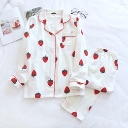 Cotton Gauze Fruits Floral Print Girls Pyjama Set Long Sleeve Pockets Shirts Top Loose Pants Sleepwear Women Sets 2021 Kawaii X0526