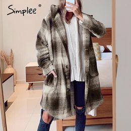 Casual loose button plaid hooded women Pockets contrast Colour long coat ladies Warm autumn winter overcoat 210414