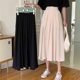 A-line Pleated Skirt Women's Summer Black Green Elastic High-waisted Midi Long Simple Saia Mujer Faldas 210529