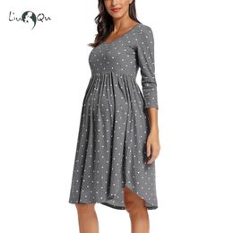 Kvinnor moderskapsklänning långärmad polka dot gravid höst baby shower es kvinna kläder 210721