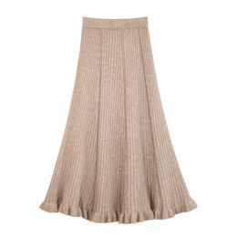 PERHAPS U Black Khaki Knitted Elastic Waist A Line Solid Ruffle Empire Midi Skirt Autumn Winter S0116 210529