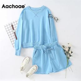 Aachoae Fashion Women Blue Two Piece Set Casual Loose Pullover Hoodies + Elastic Waist Sweatpants Shorts Ladies 2 Piece Outfit 210413