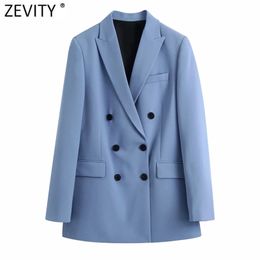 Zevity Women Fashion Double Breasted Casual Blazer Coat Office Ladies Pockets Stylish Outwear Suit Chic Business tops CT661 210930