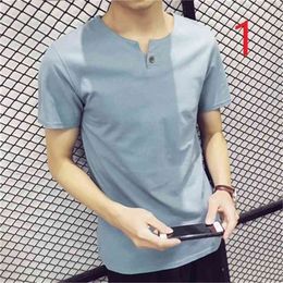 summer men's short-sleeved t-shirt casual solid Colour clothes cotton youth shirt Slim tide 210420