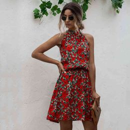 Halter Red Floral Print Dress Summer Casual Beach Dresses Office Elegant Short Dress Boho Dress 210415