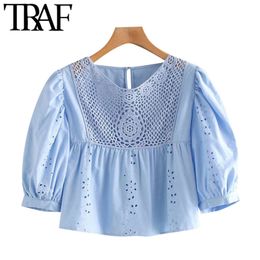 TRAF Women Sweet Fashion Cutwork Embroidery Cropped Blouses Vintage Puff Sleeve Ruffled Female Shirts Chic Tops 210415