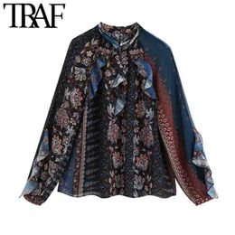 Women Fashion Patchwork Print Loose Blouses Vintage High Collar Long Sleeve With Ruffles Female Shirts Chic Tops 210507
