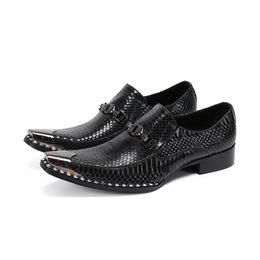 Luxury Men Black Leather Loafers Sliver Steel Toe Metallic Mens Shoes High Heels Snake Skin Dress Wedding Shoe