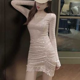 Spring and Autumn Long Sleeve High Waist Sequined Lace Dress Feminine Nightclub Club Sparkly Slim Ruched Mini 210604