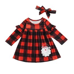 1-6T Children'S Christmas Suit Plaid Embroidered Pattern Dress Santa Patch Plaid O-Neck Long-Sleeved Loose Dress + Girl Hairband G1026