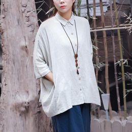 chinese style shirts women UK - Women's Blouses & Shirts Johnature Women Casual 2021 Autumn Loose Bat Sleeve Cotton Linen Turn-down Collar Chinese Style Plus Size