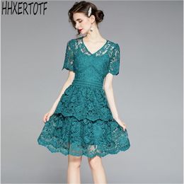 High Quality summer fashion Elegant temperament sexy women Hook flowers hollow water-soluble lace cake dress 210531