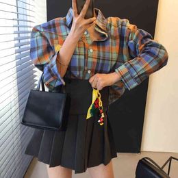 [EWQ] Spring Women Fashion Casual Patchwork Panelled Plaid Blue Spliced Pocket Blouse+Solid Color Gray Mini Skirt 8P099 210423