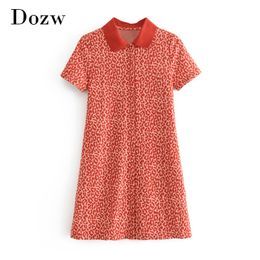Women Leopard Print T Shirt Dress Turn Down Collar Casual Mini Dresses Summer Short Sleeve Chic Button Up Dress 210414