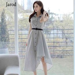 Summer Korea Striped Dresses Sleeveless Belt Single Breasted Irregular Mid-Calf Casual Women's Clothes 210519