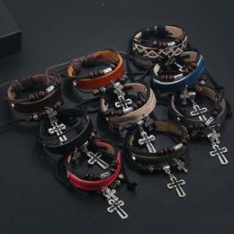 Retro Jesus Cross Charm Bracelet Wood Beads String Adjustable Multilayer Wrap Leather Bracelets Bangle Cuff for Women Men Fashion Jewelry Will and Sandy
