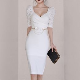 Fashion V-Neck Lace Puff Sleeve Women Pencil Dress Summer Solid Office OL Female White Bodycon es Vestidos femme 210519