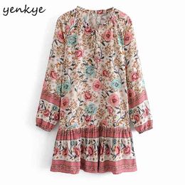 Holiday Summer Dress Women Lace Up V Neck Long Sleeve Floral Print Female Plus Size Casual Short Robe 210514