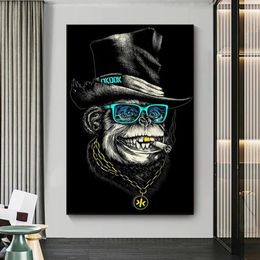 Funny Smoking Monkey with Black Hat and Golden Necklace Posters and Prints Painting Animal Pictures Modern Home Decoration