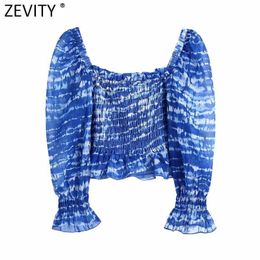 Zevity Women Vintage Square Collar Tie Dyed Printing Elastic Slim Short Smock Blouse Female Ruffles Shirts Chic Crop Tops LS9215 210603