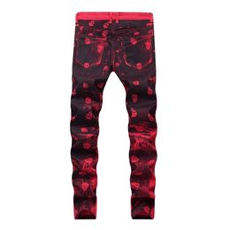 2020 Autumn Men's Fashion Skeleton Skull Printed Night Club Personality Jeans Male Slim Fit Red Denim Pants Long Trousers X06280B