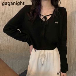 GAGANIGHT Women Autumn Korean Sweater Solid V-Neck Pullovers Lace Up Sexy Sweaters Office Lady Chic Slim Cropped Pullover 210519