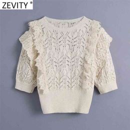 Women Sweet Lace Crochet Patchwork Hollow Out Short Knitting Sweater Female Chic O Neck Ruffles Slim Pullovers Tops SW711 210416