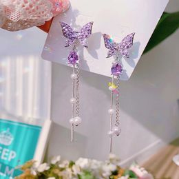 MENGJIQIAO 2021 Fashion Korean Shiny Butterfly Rhinestone Drop Earrings Women Elegant Pearl Tassel Pendientes Party Jewelry
