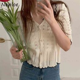 Elegnat Lace Hook Flower Hollow Out Knit Sweater Cardigans Women V Neck Long Sleeve Single Breast Pull Femme Coat Spring 210422
