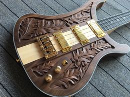 4001 4003 Lemmy Kilmister Brown Walnut 4 Strings Electric Bass Guitar Handwork Engraved Top, Neck Thru Body, Checkerboard Binding, Star Inlay, Gold Hardware