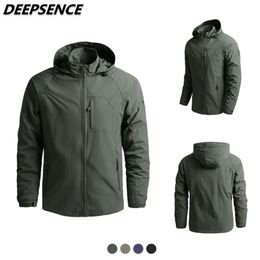 Spring Autumn Fashion Casual Military Thin Jacket Men Solid Zipper Pocket Waterproop Hooded Coat Streetwear Jackets Men Size 5XL 210928