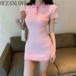 Plaid Woman Dresses Knitted Bodycon Sexy Spring Summer Vintage Vestidos Short Sleeve Mini Dress Stretch 210415