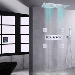 Luxury Chrome Polished Bathroom LED Shower Faucet Wall Mounted Mixer Tap Shower Thermostatic Rainfall Massage Set