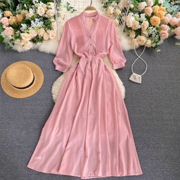 French Sweet Chic Dress Women Autumn Stand Collar Puff Sleeve A-line Dress Korean Fashion Streetwear Chiffon Long Robe 210419