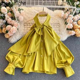 Sexy Women Solid Blouse Chiffon Long Sleeve Backless Bow Fashion Outwear Tops Spring Shirts Chic Korean Blusa 210601