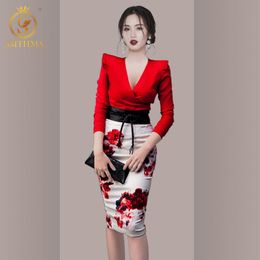 Two Piece Set Female Sexy V Neck Long Sleeve Red Tops+With High Waist Lace Up Printing Skirts Suit 210520