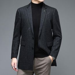tweed jackets men Australia - Men's Suits & Blazers Autumn Winter Men Gray Vertical Stripe Cashmere Wool Tweed Male Smart Casual Notched Collar Woolen Blend Suit Jacket
