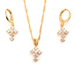 10 kt Fine THAI BAHT G/F Gold cross Pendant CZ White Coordinate Necklace chain Earrings sets Jewellery Christian Jesus
