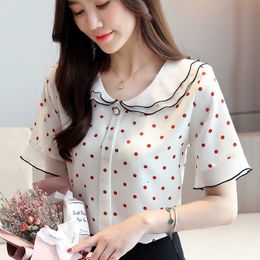 Korean Chiffon Women Blouses Top Peter Pan Collar Shirt Plus Size Lady Polka Dot Blouse s Blusas Femininas Elegante 210531