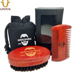 MOQ 100 Sets OEM Custom LOGO Red Wood Hair Beard Mustache Grooming Kit with Bag Box for Man Brush and Fine & Wide Teeth Comb Beards Tools Set