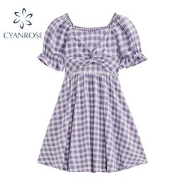 Sweet Purple Plaid Crop Dress Women Elastic Vintage Bownot Elegant Mori Girl Korean Dresses Summer Preppy Style Vestidos 210417