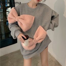 Nomikuma Big Bow Knot Design Sweatshirt Women O Neck Long Sleeve Casual Loose Autumn Winter Hoodies Korean Style Tops 3d747 210514