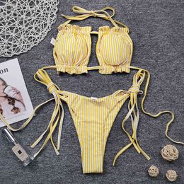 Sexy Thong Striped Bandeau Bikini String Tie Side Ruched Swimsuit Women Swimwear Swim Beach Wear Bathing Suit Two Piece 210520