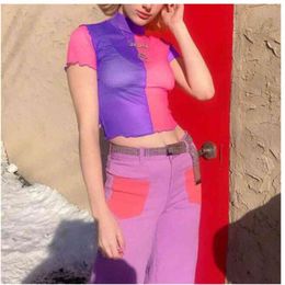 Women T-Shirt Summer Casual See-Through Sexy Ladies Sheer Mesh Tops Short Sleeve Turtleneck Slim Fit Color Block Party Clubwear 210522