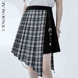 Yamamoto Spliced High Waist Skirt Women's Summer Plaid Irregular Streetwear Mini Belt Female Tide 210427