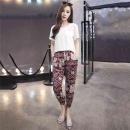 Pants Women Thailand Elephant Print Thin Spring Summer Seaside Beach Chic Chiffon Lantern Ankle-length LR13 210531