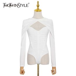 hollow out knitted jumpsuit for women o neck long sleeve high waist sexy slim bodysuit female fashion clothes 210521