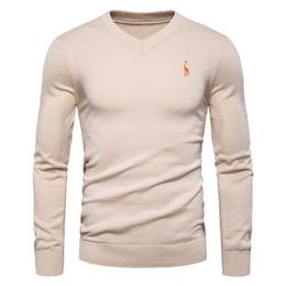 2020 Autumn Winter Brand Quality 100% Cotton Mens Sweaters V Neck Pullovers Men Solid Embroidery Sweater Men Y0907
